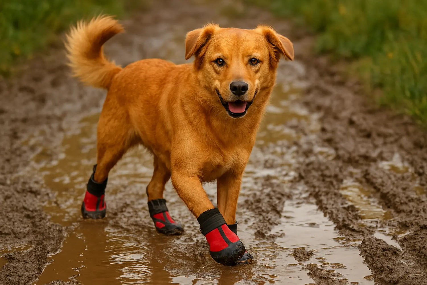 chien avec des bottes pour chien qui marche dans la boue. Le chien est brun et les bottes sont rouge es noir. l'image sert pour la boutique en ligne boutiquechien