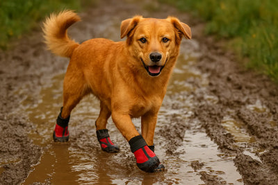 chien avec des bottes pour chien qui marche dans la boue. Le chien est brun et les bottes sont rouge es noir. l'image sert pour la boutique en ligne boutiquechien