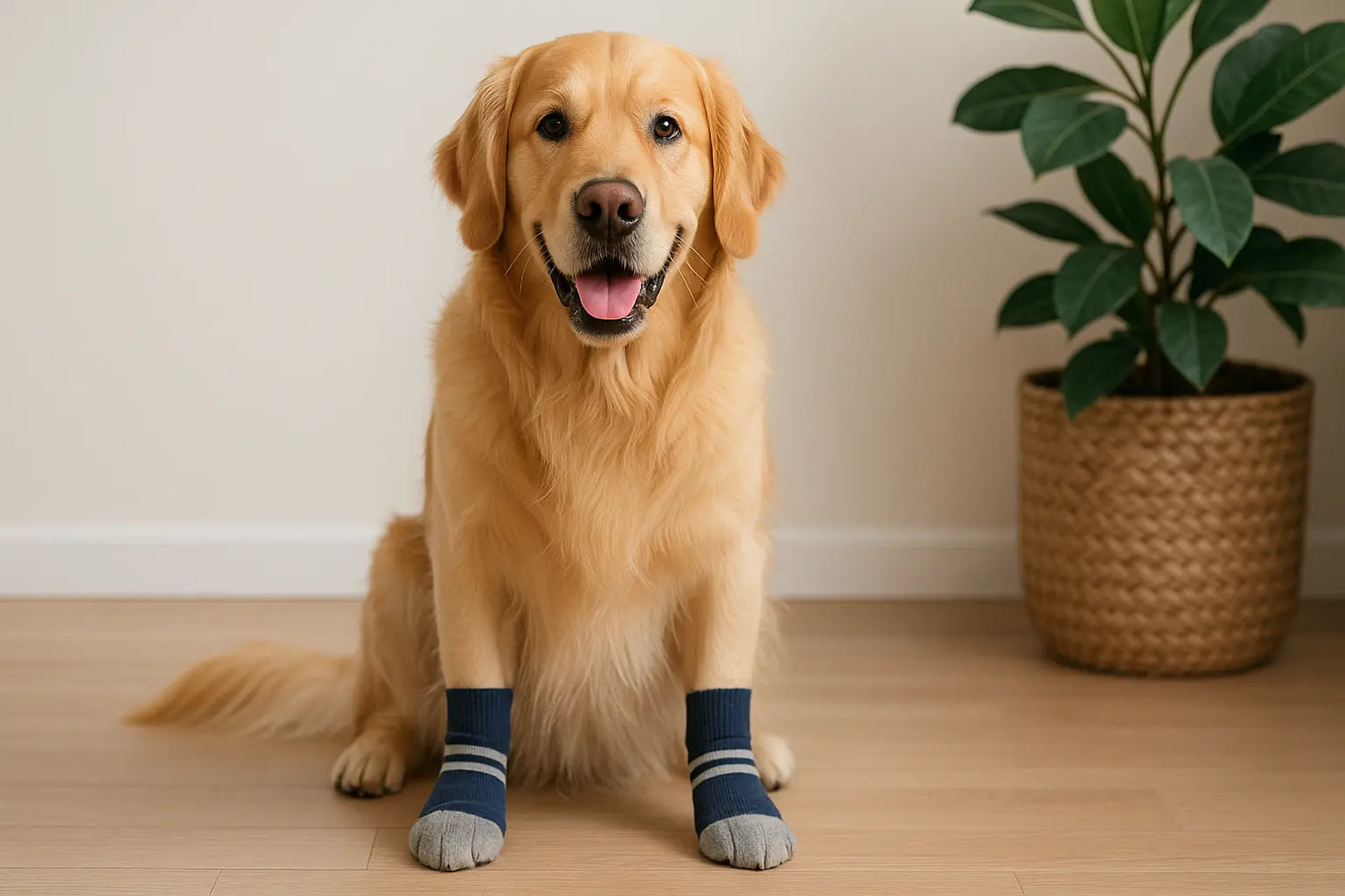 golden retriever brun portant des chaussettes rayées bleu et grise dans uns salon avec une plante verte. Le chien est assis et l'image sert pour la collection chaussette chien du site internet boutiquechien 