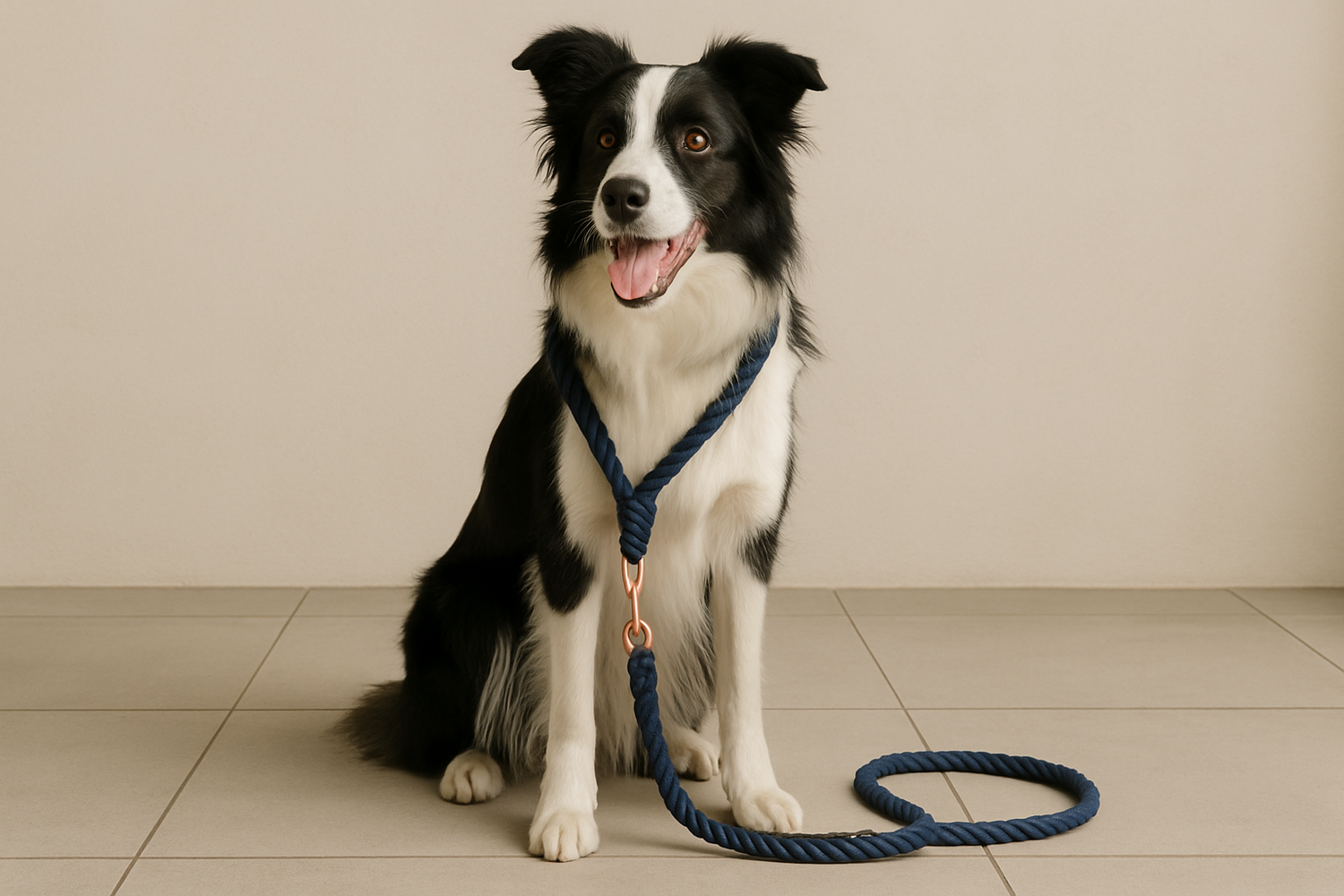 chien assis de couleurs noir et blanc. Il est assis sur le carrelage blanc devant une tapisserie blanche. Il a autour du cou une laisse et un harnais en corde noir pour chien. image collection laisse pour chien corde de boutiquechien