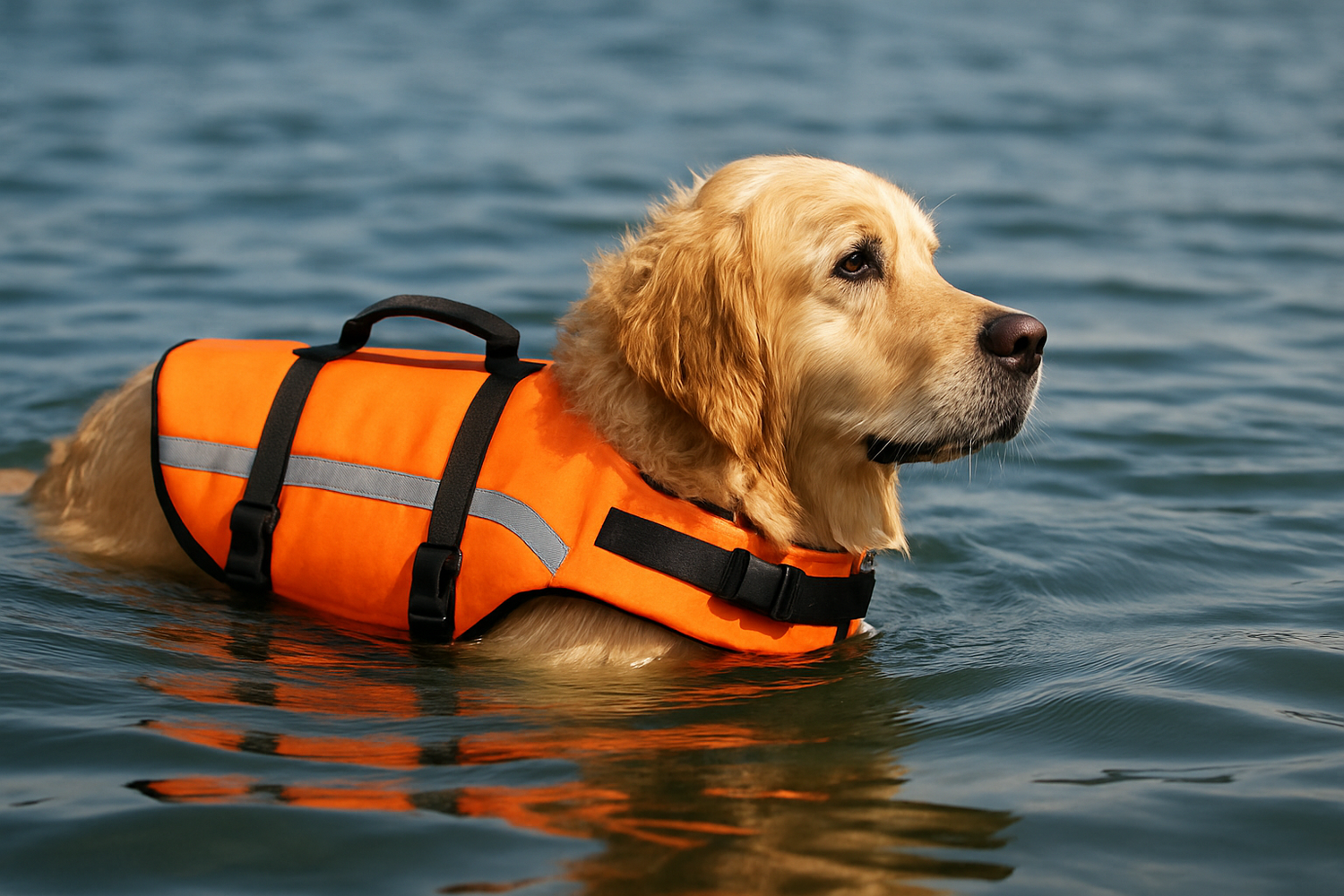 golden retriever blanc dans l'eau avec un gilet de sauvetage orange pour la baignade. L'image sert pour la collection gilet de sauvetage chien de boutiquechien