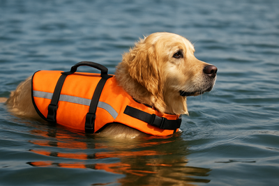 golden retriever blanc dans l'eau avec un gilet de sauvetage orange pour la baignade. L'image sert pour la collection gilet de sauvetage chien de boutiquechien