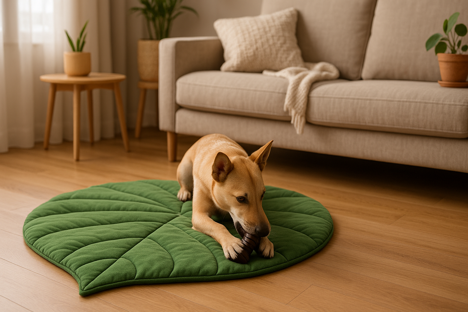 Chien couché de couleur gris posé sur un tapis en feuille de couleur verte. En fond il y a un canapé de couleur gris avec en fond des plantes vertes. Image produit Boutiquechien