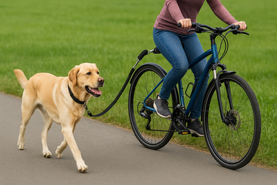 chien blanc se faisant promener en laisse par un vélo noir accrocher à une laisse noir et une attache vélo noir. La femme promène son chien sur la route à côté d'un champ vert. Image collection laisse chien pour vélo de boutiquechien