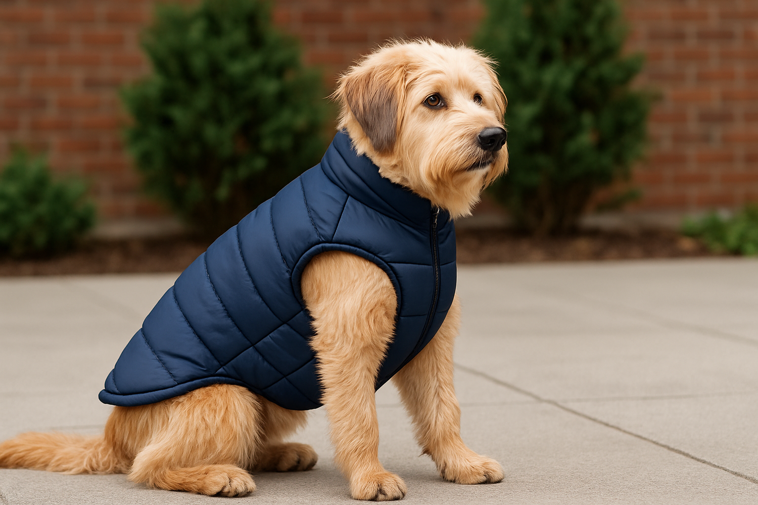 chien habillé d'un pull pour chien. C'est un petit chien blanc qui est assis dehors. L'image sert pour la collection habit pour chien de la boutique en ligne boutiquechien