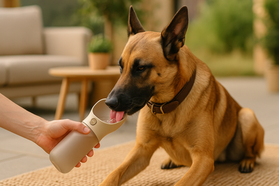 berger allemand de couleur brun avec un collier noir. En fond il y a un canapé d'extérieur blanc et une table basse en bois. Le chien bois dans une gourde pour chien de couleur grise. Image collection de gourde pour chien de boutiquechien