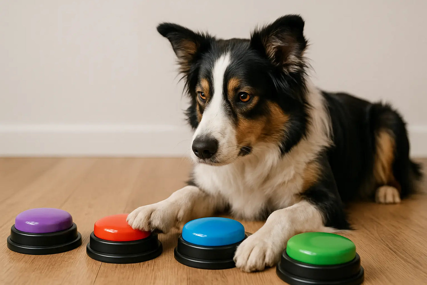 chien utilisant des boutons de communication violet, rouge, bleu et vert pour chien. le chien est couché sur le sol avec les boutons de communication devant lui. L'image sert pour la boutique en ligne boutique chien 
