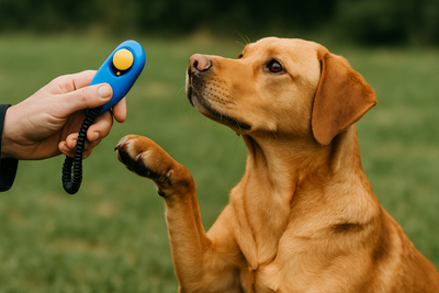 chien dresser par un clicker bleu dans un parc. Le chien brun donne la patte à son maître pour être dressé. L'image sert pour la collection clicker chien pour boutiquechien