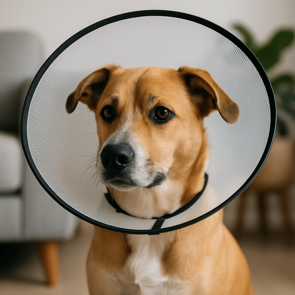 chien de couleur blanche et grise assis portant une collerette blanche avec un liseret noir dans un salon. l'image est pour boutiquechien.fr 