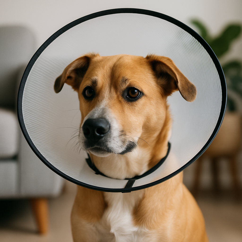 chien de couleur blanche et grise assis portant une collerette blanche avec un liseret noir dans un salon. l'image est pour boutiquechien.fr 