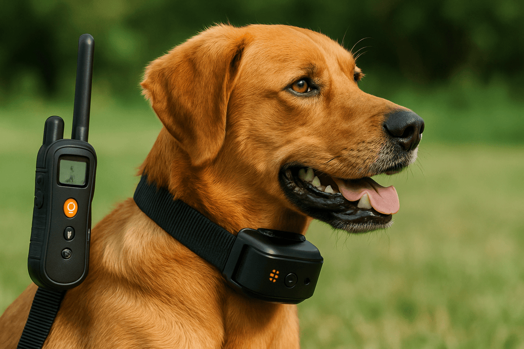 collier de dressage noir avec télécommande pour chien. le chien est brun à poil cours tirant la langue. image collection de collier de dressage chien de boutiquechien