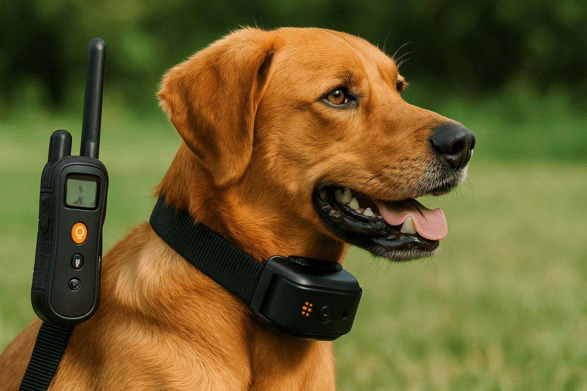 collier de dressage noir avec télécommande pour chien. le chien est brun à poil cours tirant la langue. image collection de collier de dressage chien de boutiquechien