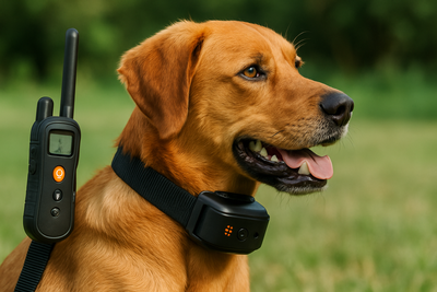 collier de dressage noir avec télécommande pour chien. le chien est brun à poil cours tirant la langue. image collection de collier de dressage chien de boutiquechien