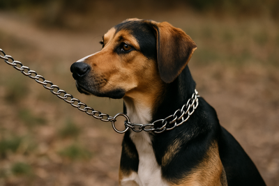 chien assis dans l'herbe qui porte un collier étrangleur pour chien de couleurs argenté. Le chien est de trois couleurs et il est assis. image collection collier étrangleur chien pour boutiquechien
