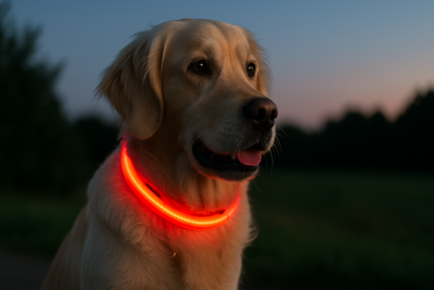 golden retriever de nuit assis dans une forêt. Porte un collier lumineux orange fluo pour être visible de nuit. Image pour collection colliers lumineux pour chiens de boutiquechien