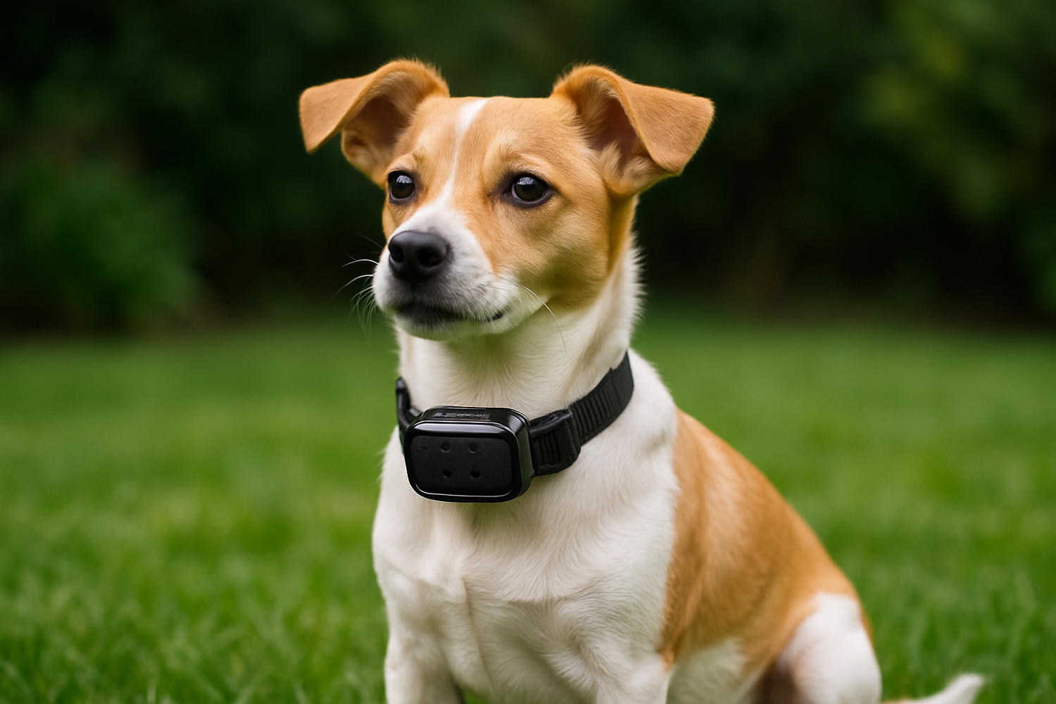 collier pour petit chien anti-aboiement de couleurs blanc et noir. Il porte un collier noir anti-aboiement dans son jardin vert. image pour collection collier pour chien anti-aboiement de boutiquechien