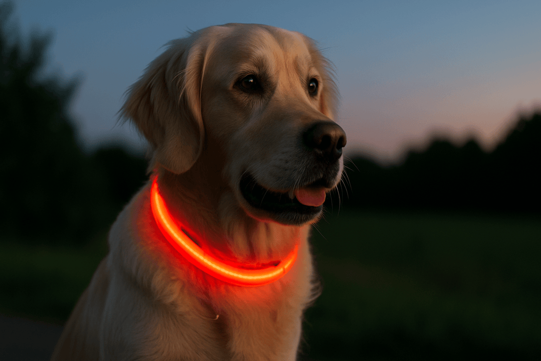 golden retriever de nuit assis dans une forêt. Porte un collier lumineux orange fluo pour être visible de nuit. Image pour collection colliers lumineux pour chiens de boutiquechien