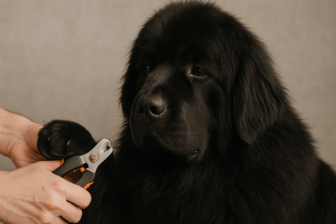 terre neuve se faisant couper les ongles avec un coupe ongle orange est noir. Le terre neuve noir est assis et donne la patte à son maître. Image collection coupe- ongles pour chien sur boutiquechien