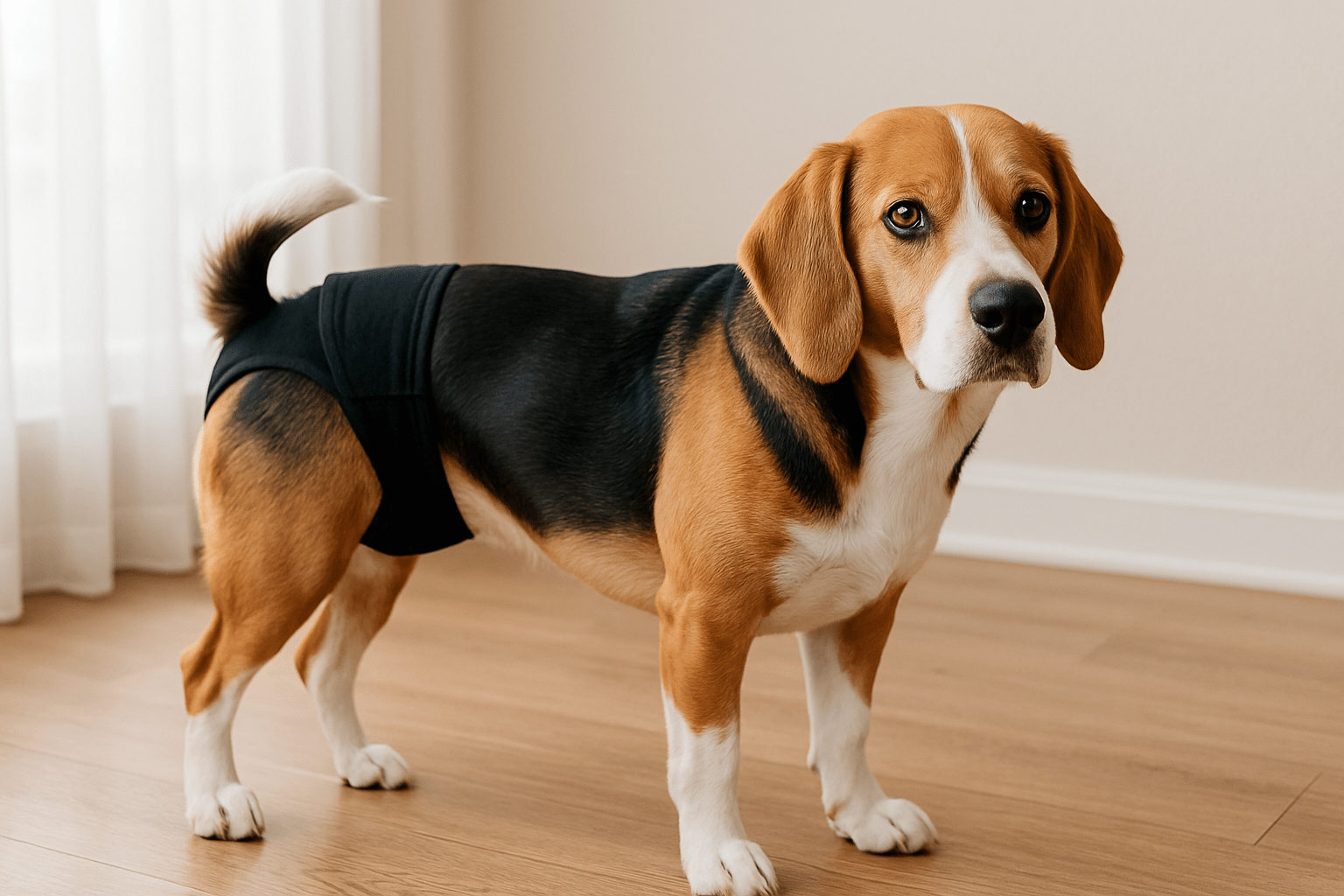 chien qui porte une culotte pour chien dans un salon. Le chien possède trois couleurs qui sont noir, brun et blanc avec une culotte pour chien noir. L'image sert pour collection culotte chien pour le site boutiquechien Image