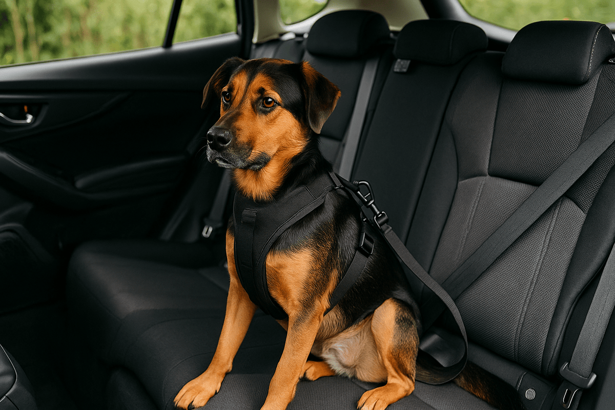 chien brun et noir assis sur le siège arrière d'une voiture avec les sièges noir. Le chien est attaché avec un harnais pour chien noir noir et une ceinture noir pour chien. Image collection boutiquechien