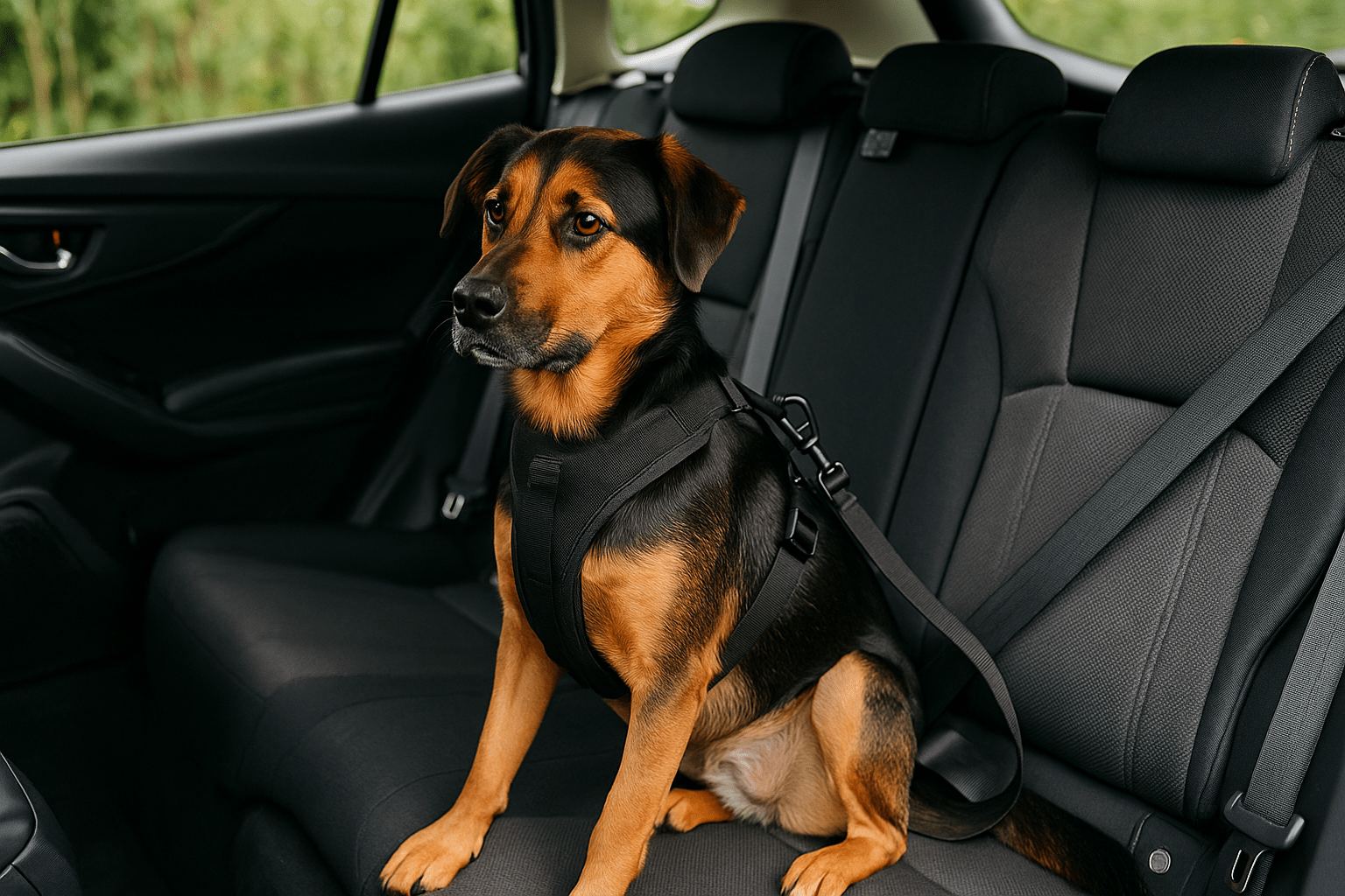 chien brun et noir assis sur le siège arrière d'une voiture avec les sièges noir. Le chien est attaché avec un harnais pour chien noir noir et une ceinture noir pour chien. Image collection boutiquechien Image