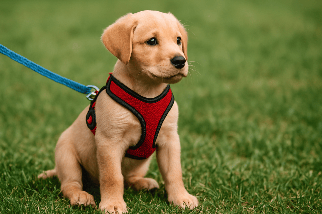chiot portant un harnais rouge et noir avec une laisse bleu sur de l'herbe verte. Le chiot est assis en regardant face à lui. Image de collection harnais chiot de boutiquechien
