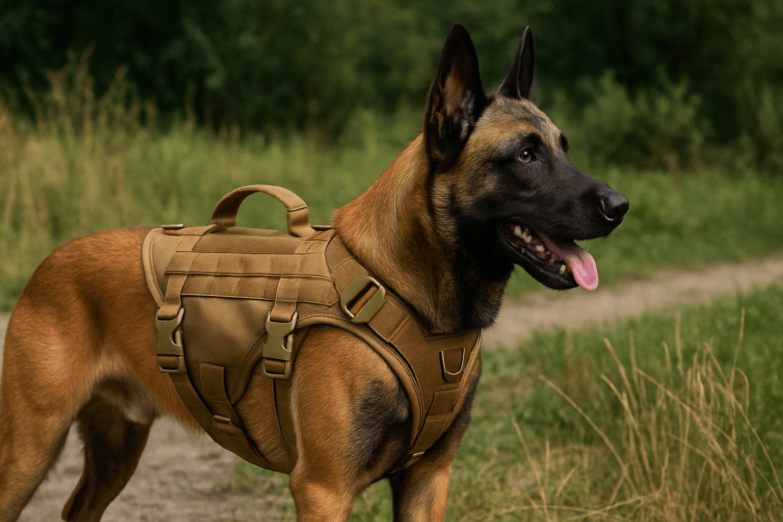 malinois avec harnais militaire kakhi avec poignée sur le dessus du harnais. Le chien est sur un chemin au bord de l'herbe verte. image collection harnais militaire boutiquechien  Image