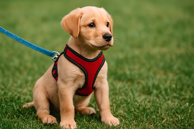 chiot portant un harnais rouge et noir avec une laisse bleu sur de l'herbe verte. Le chiot est assis en regardant face à lui. Image de collection harnais chiot de boutiquechien
