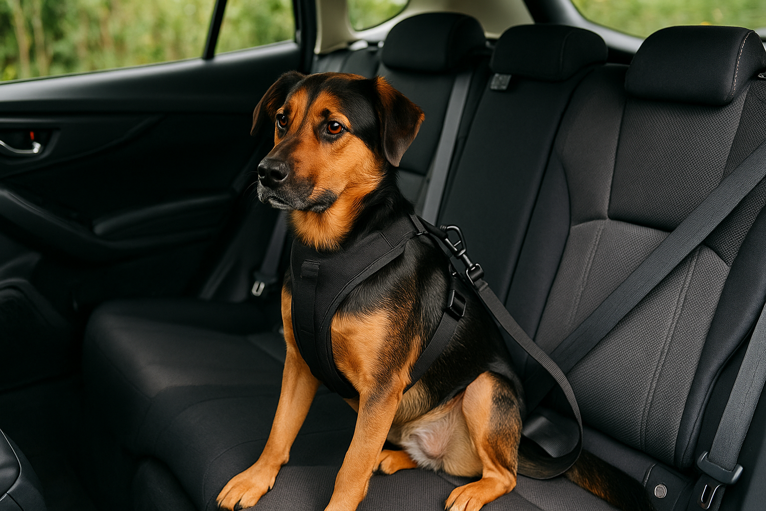 chien brun et noir assis sur le siège arrière d'une voiture avec les sièges noir. Le chien est attaché avec un harnais pour chien noir noir et une ceinture noir pour chien. Image collection boutiquechien