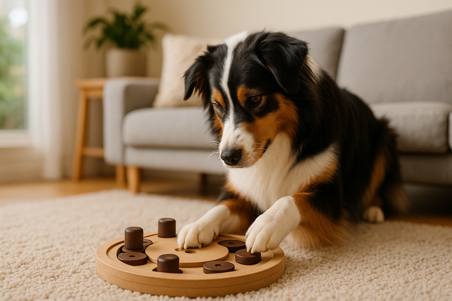 berger australien brun qui joue à un puzzle en bois pour chien. Le chien joue par terre dans un salon. L'image sert pour la collection jeu intelligence chien pour boutiquechien.fr