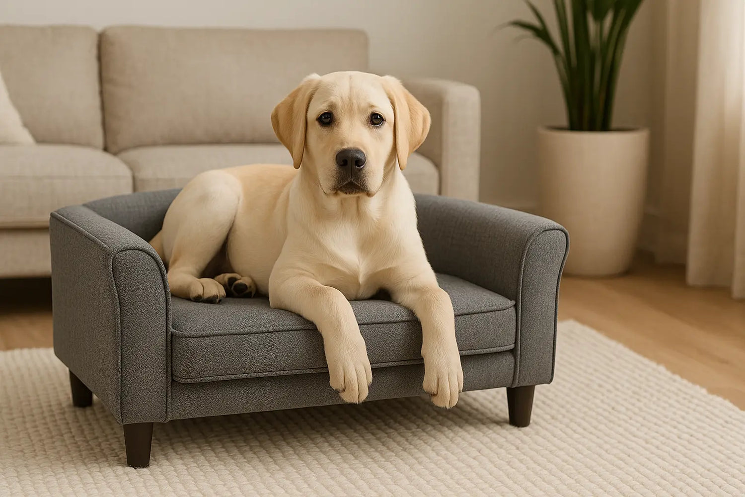 labrador sur un canapé pour chien gris dans une maison avec des accessoires blanc. Image pour la collection canapé pour petit chien pour boutiquechien