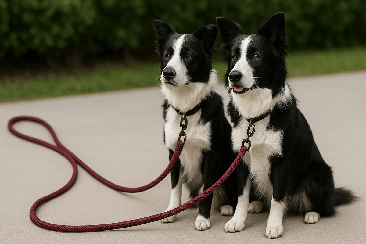 deux chien noir et blanc assis l'un à côté de l'autre attaché par une laisse double de couleurs rouge pour chien. Ils sont assis sur le béton et en fond il y a une haie verte. image collection laisse double pour chien de boutiquechien
