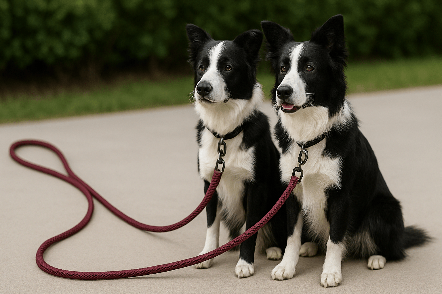 deux chien noir et blanc assis l'un à côté de l'autre attaché par une laisse double de couleurs rouge pour chien. Ils sont assis sur le béton et en fond il y a une haie verte. image collection laisse double pour chien de boutiquechien Image