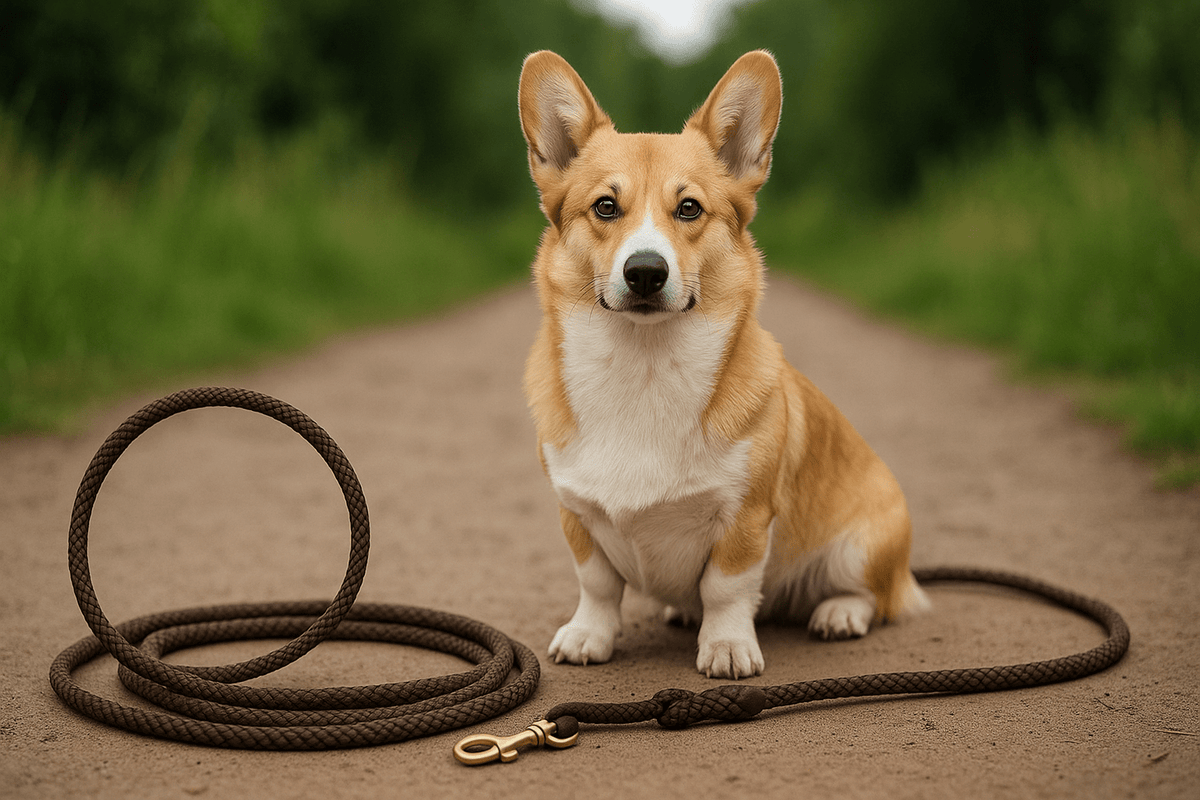 petit chien assis sur un chemin en gravier boiser. Il est assis à côté de sa laisse lasso de couleur brune. Image collection laisse lasso pour boutiquechien