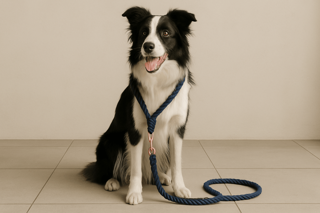 chien assis de couleurs noir et blanc. Il est assis sur le carrelage blanc devant une tapisserie blanche. Il a autour du cou une laisse et un harnais en corde noir pour chien. image collection laisse pour chien corde de boutiquechien