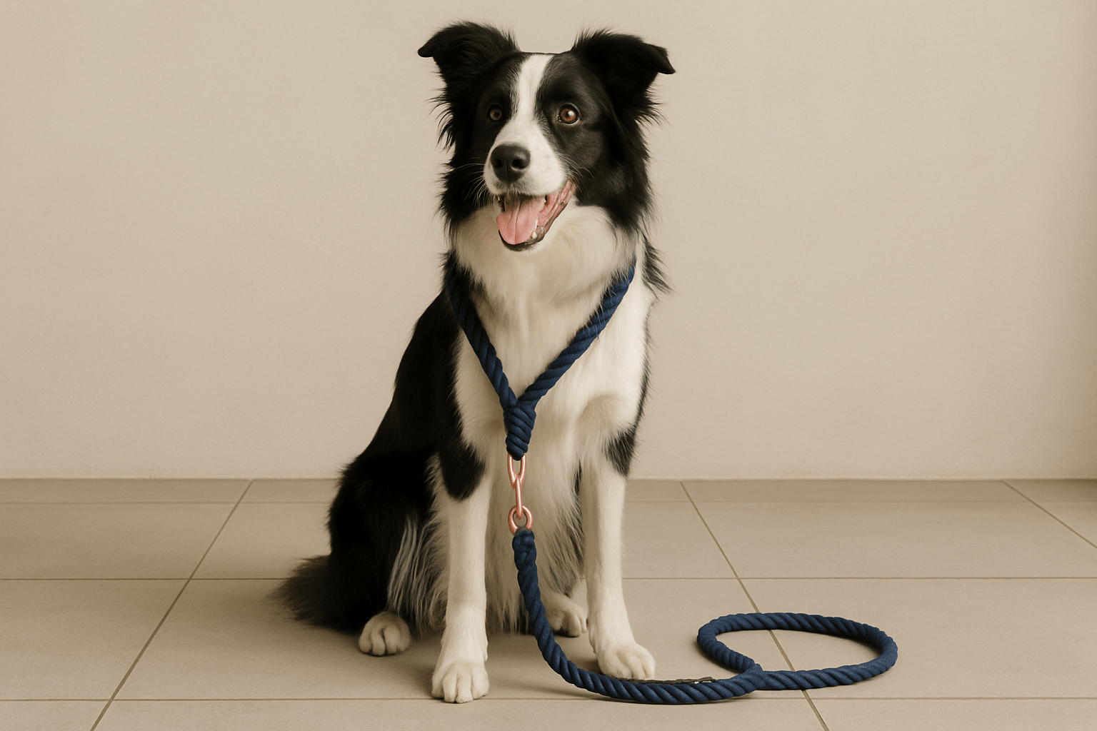 chien assis de couleurs noir et blanc. Il est assis sur le carrelage blanc devant une tapisserie blanche. Il a autour du cou une laisse et un harnais en corde noir pour chien. image collection laisse pour chien corde de boutiquechien Image
