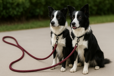 deux chien noir et blanc assis l'un à côté de l'autre attaché par une laisse double de couleurs rouge pour chien. Ils sont assis sur le béton et en fond il y a une haie verte. image collection laisse double pour chien de boutiquechien