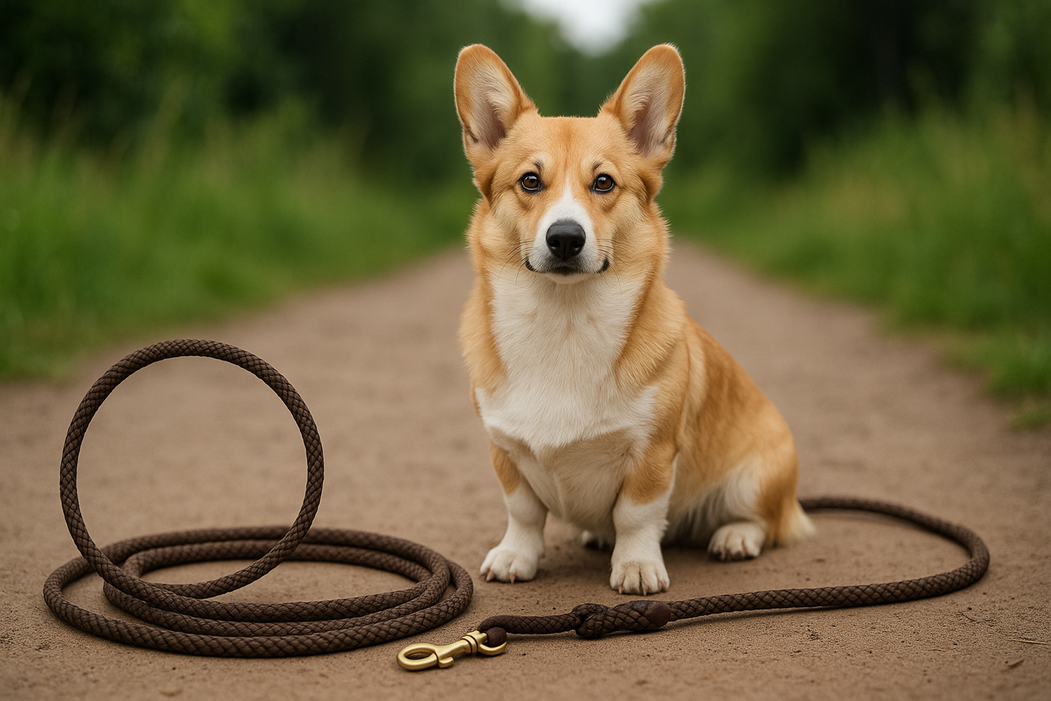 petit chien assis sur un chemin en gravier boiser. Il est assis à côté de sa laisse lasso de couleur brune. Image collection laisse lasso pour boutiquechien