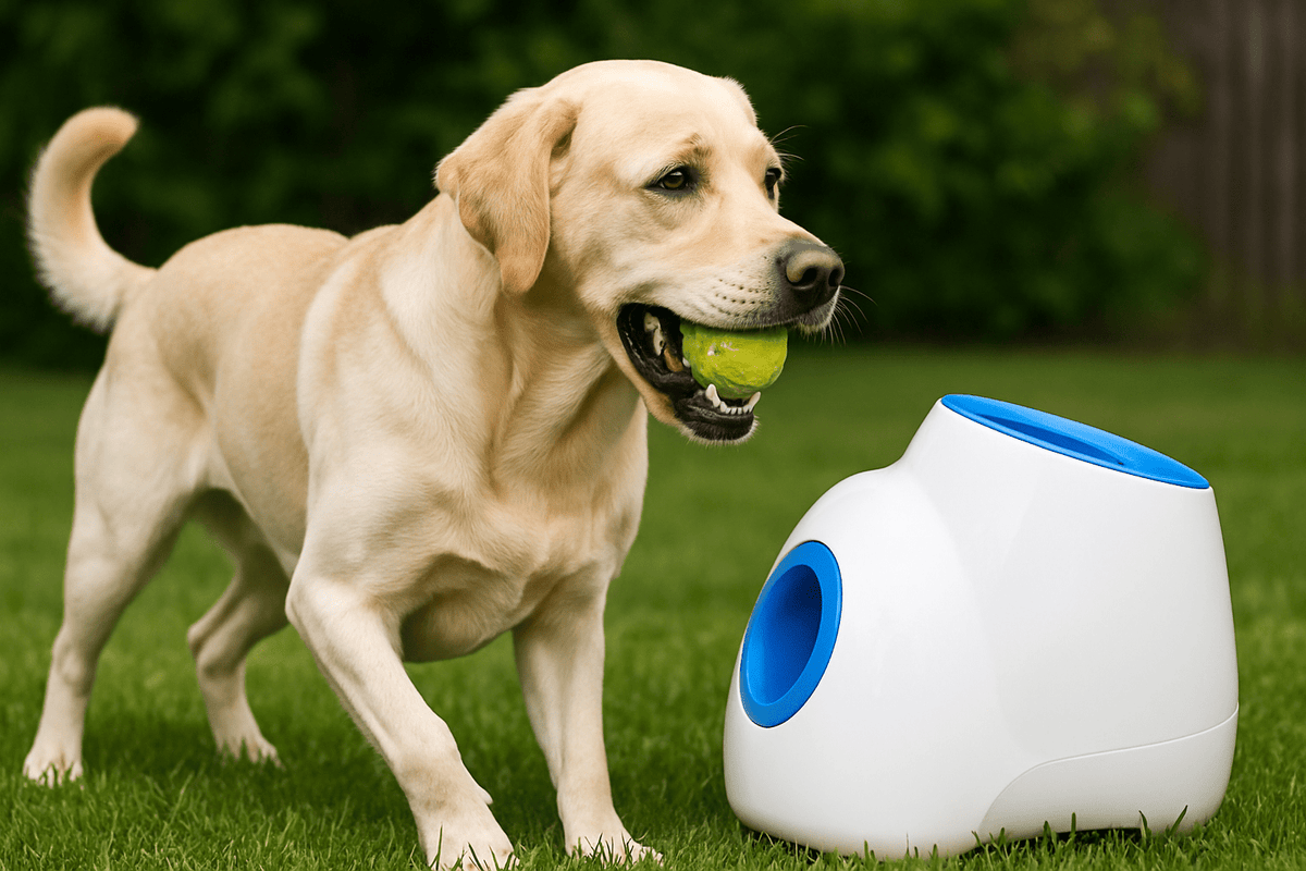 golden retriever jouant à la balle avec son lanceur de balle automatique bleu dans le jardin vert. L'image sert pour la boutique en ligne boutiquechien