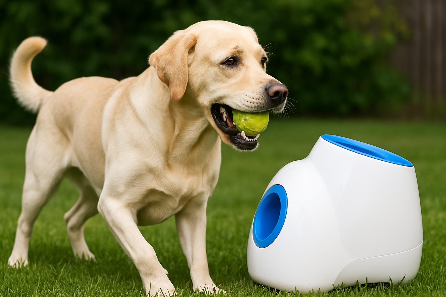 golden retriever jouant à la balle avec son lanceur de balle automatique bleu dans le jardin vert. L'image sert pour la boutique en ligne boutiquechien