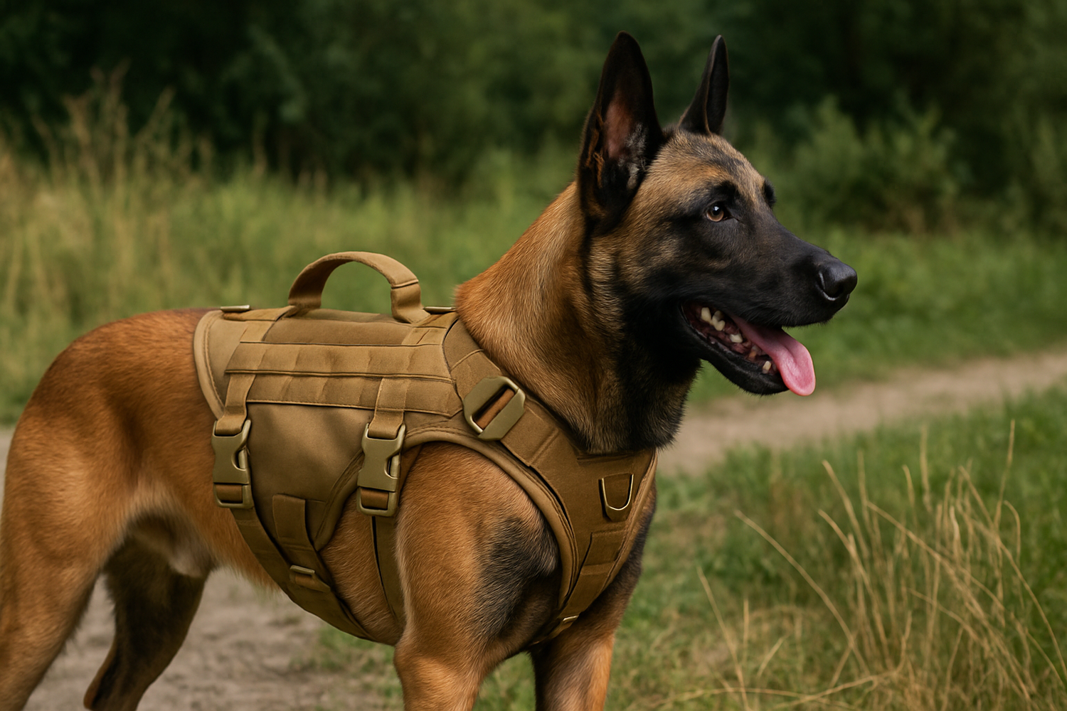 malinois avec harnais militaire kakhi avec poignée sur le dessus du harnais. Le chien est sur un chemin au bord de l'herbe verte. image collection harnais militaire boutiquechien 