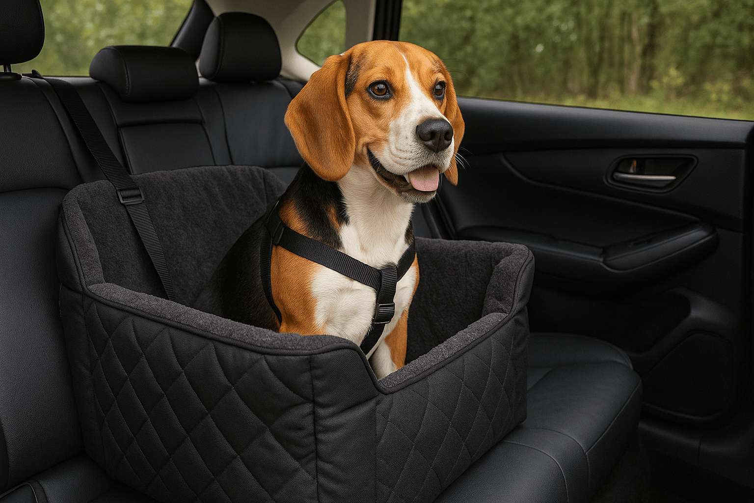 petit chien de couleurs brun, noir et blanc assis dans son panier de voiture noir à l'arrière sur le siège arrière noir. image collection panier chien voiture de boutiquechien Image