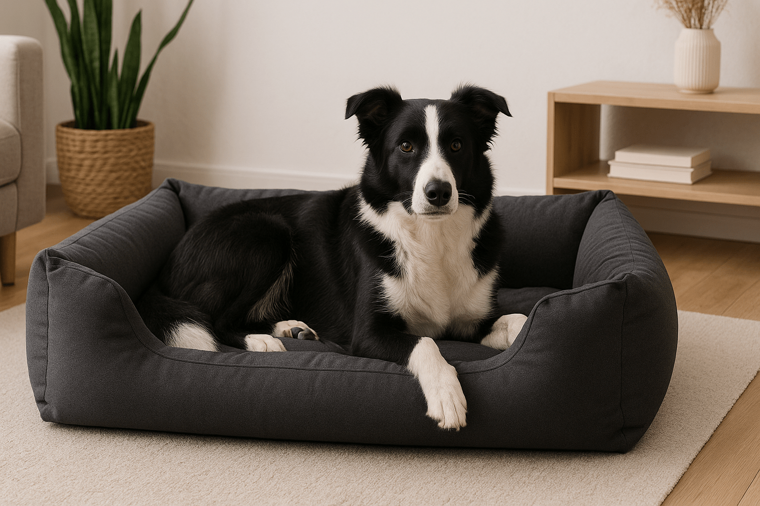chien blanc et noir couché dans son panier xl noir rembourré moelleux. Le panier est dans un salon de couleur clair avec une plante verte en fond et un tapis blanc sous le panier noir. image pour collection panier pour chien xl de boutiquechien Image