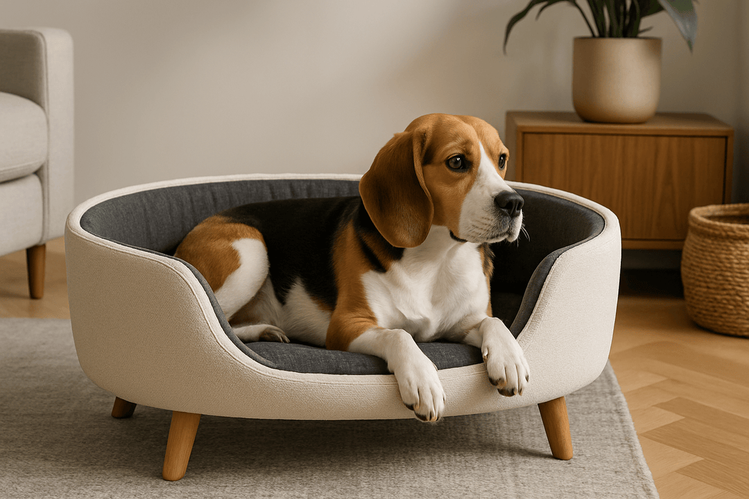 chien couché dans son panier surélevé design de couleurs blanche et d'intérieur noir. Il est couché dans un salon avec un canapé gris et une plante verte. Le chiens couché les yeux ouvert. image collection de panier pour chiens design de boutiquechien