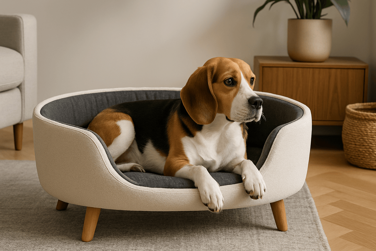 chien couché dans son panier surélevé design de couleurs blanche et d'intérieur noir. Il est couché dans un salon avec un canapé gris et une plante verte. Le chiens couché les yeux ouvert. image collection de panier pour chiens design de boutiquechien