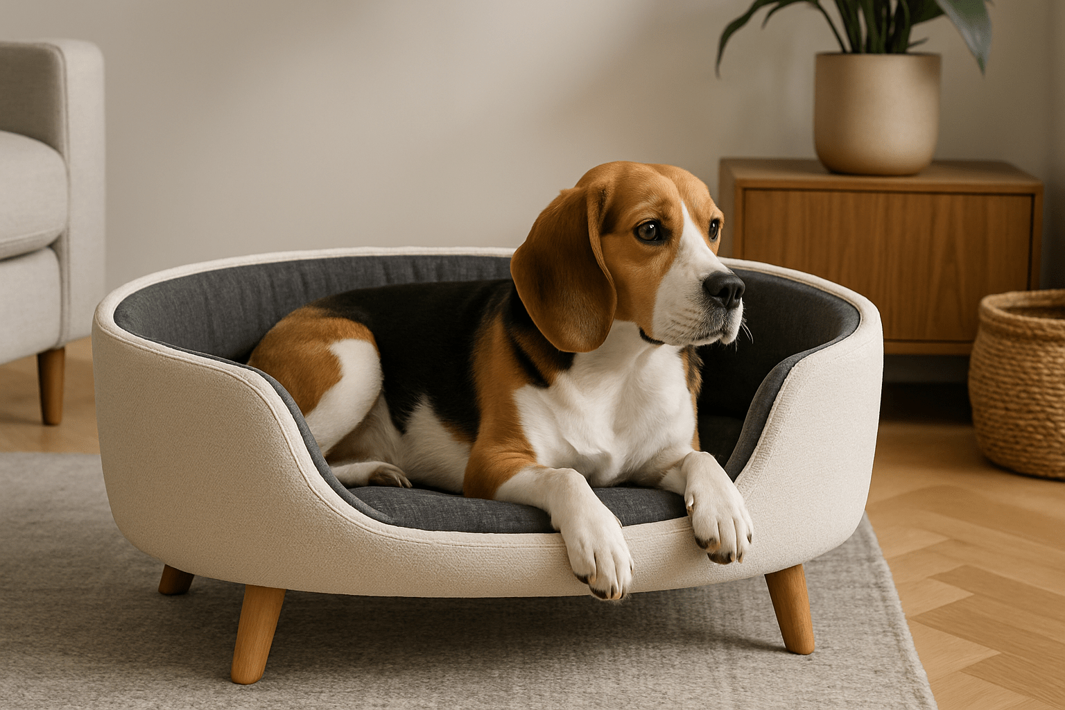 chien couché dans son panier surélevé design de couleurs blanche et d'intérieur noir. Il est couché dans un salon avec un canapé gris et une plante verte. Le chiens couché les yeux ouvert. image collection de panier pour chiens design de boutiquechien Image