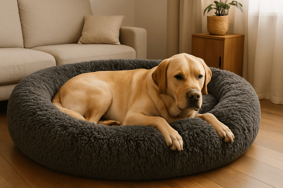 chien couché son gros panier xxl fluffy pour chien de couleur noir. Le chien est dans un salon avec un grand canapé de couleurs clair et une commode avec une plante verte. Image pour collection panier xxl pour chien de boutiquechien