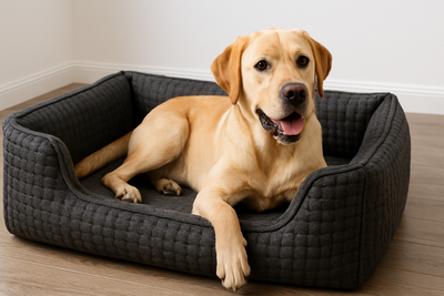 chien blanc couché dans son panier indestructible noir dans un salon blanc sur un parquet en bois. image collection panier chien indestructible de boutiquechien