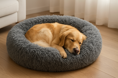 panier moelleux anti-stress pour chien. Panier gris anti-stress avec golden retriever roux couché en boule les yeux fermé dans son salon. Image collection panier anti-stress chien pour boutiquechien
