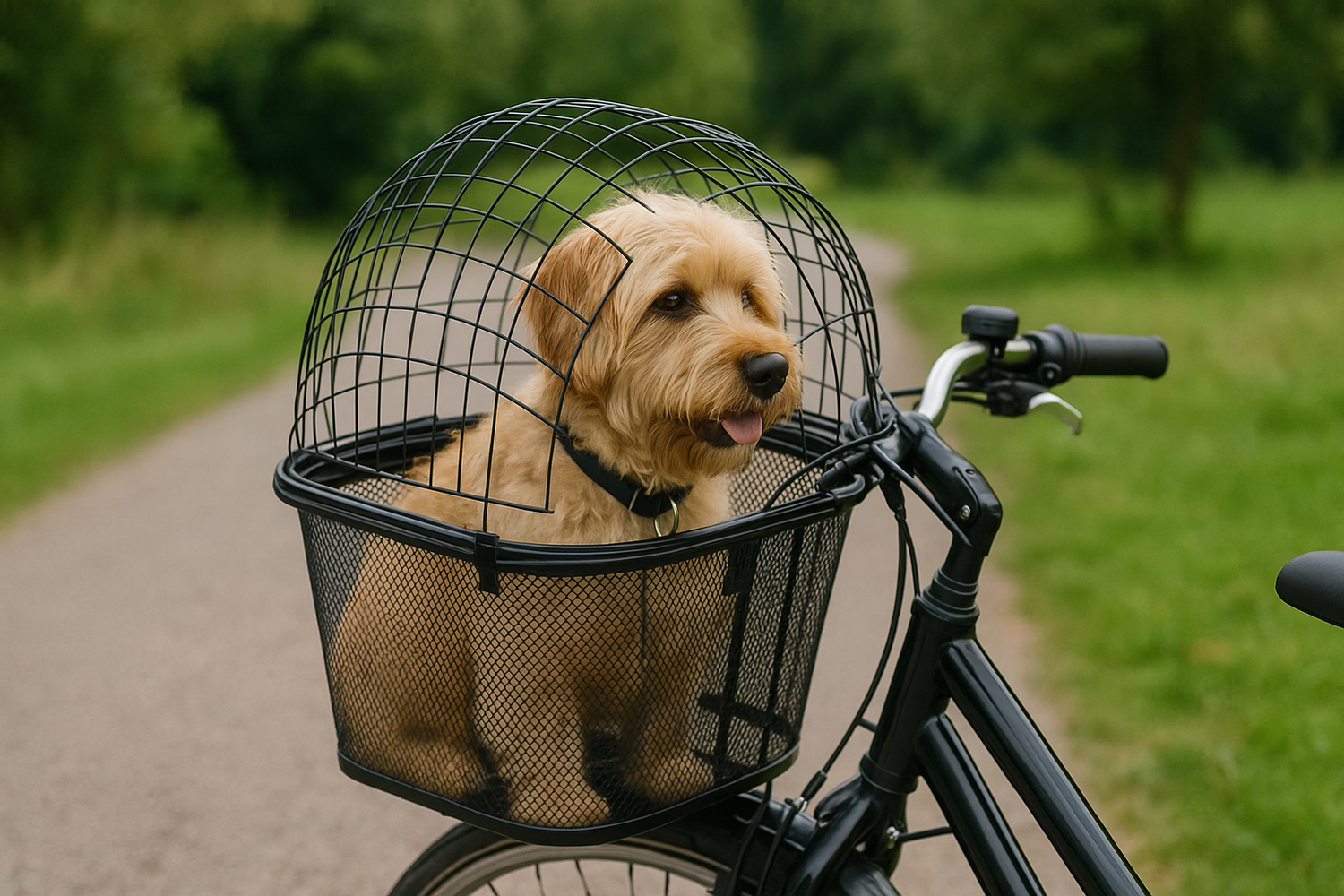 chien de 15kg dans un panier à vélo noir. Le chien est assis dans le panier à vélo noir qui est sur un vélo noir dans un parc. Image pour collection panier vélo pour chien 15kg dans boutiquechien